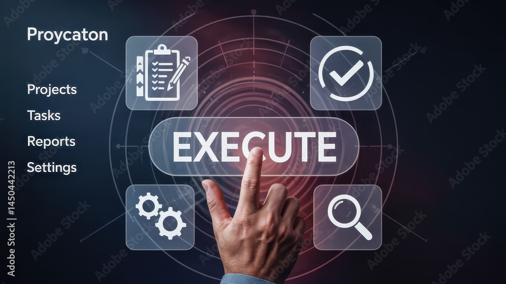 Fototapeta premium Digital interface featuring execute button and project management icons.