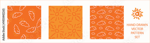 Vibrant fall cloud sunshine seamless nursery pattern set. Naive illustration of summer sky in hand drawn playful style for childrens nursery backdrops, wallpaper. 