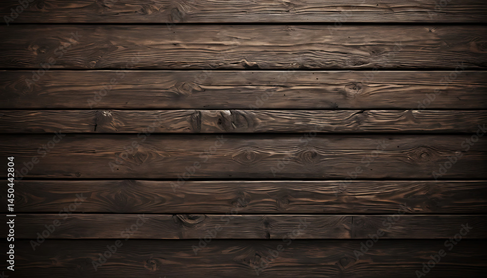 Naklejka premium Detailed close-up of a dark brown wooden plank wall, showing rich wood grain texture and rustic charm.