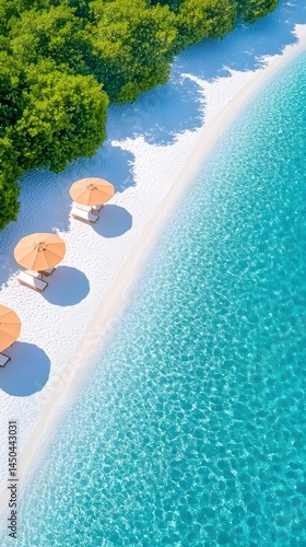 Idyllic beach scene three lounge chairs under umbrellas on pristine white sand bordering turquoise water, lush greenery behind