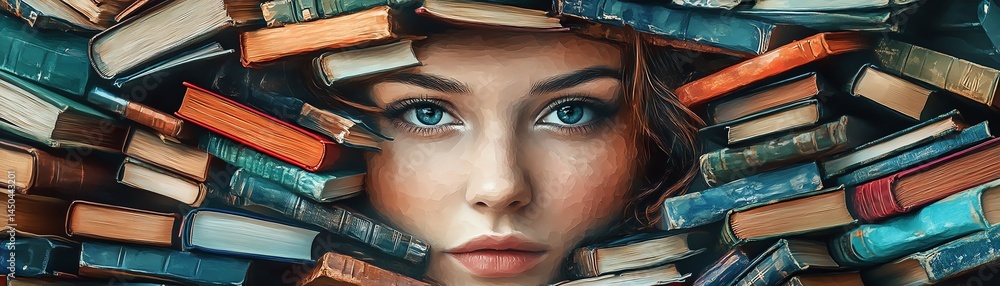 Illustrative woman s face surrounded by a cascade of books, representing the significance of education in personal growth and empowerment, generative AI design, vibrant colors, 8K
