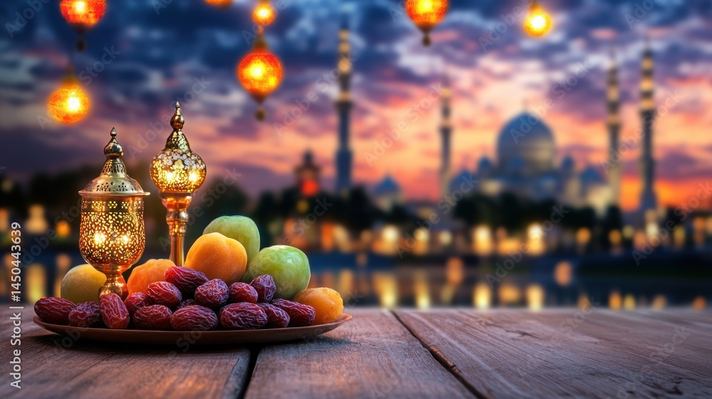 Lanterns dates and apricots with mosque background Lanterns dates and apricots with mosque background