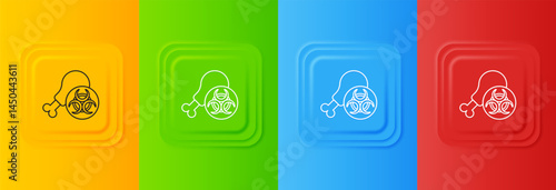 White Gmo research chicken icon isolated on colorful background. Syringe being injected to chicken. Set icons in square buttons. Vector