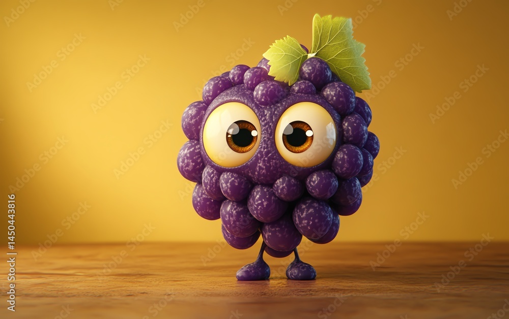 Cute cartoon grape character on wood background