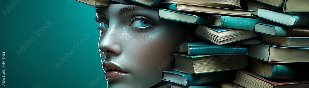 Woman surrounded by books, knowledge, reading.