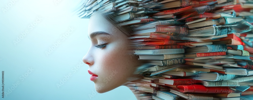 Woman's face merging with books, knowledge concept.