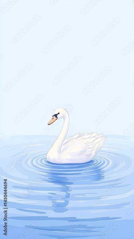 Fototapeta premium Serene white swan gracefully floats on calm blue water, creating gentle ripples