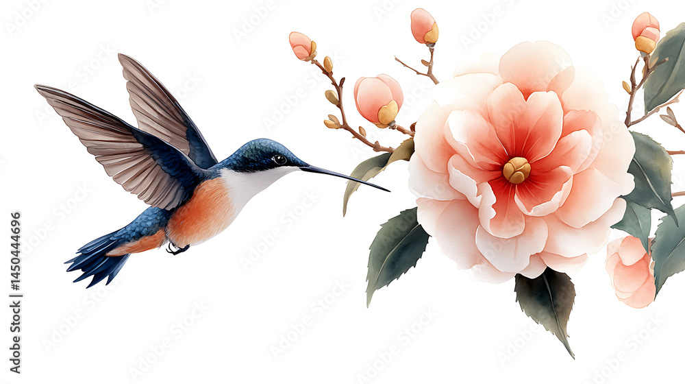 Obraz premium blue tropical bird watercolor on white background nature. Hummingbird flies, Camellia flower. Botanical art illustration