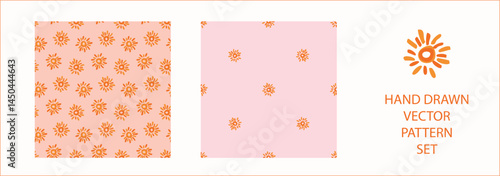Vibrant fall cloud sunshine seamless nursery pattern set. Naive illustration of summer sky in hand drawn playful style for childrens nursery backdrops, wallpaper. 