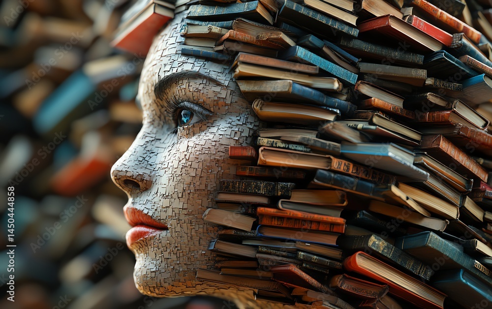 Generative AI image of a woman s face formed from books, symbolizing knowledge, learning, and education, thoughtful and artistic digital concept, highdefinition render, 4K
