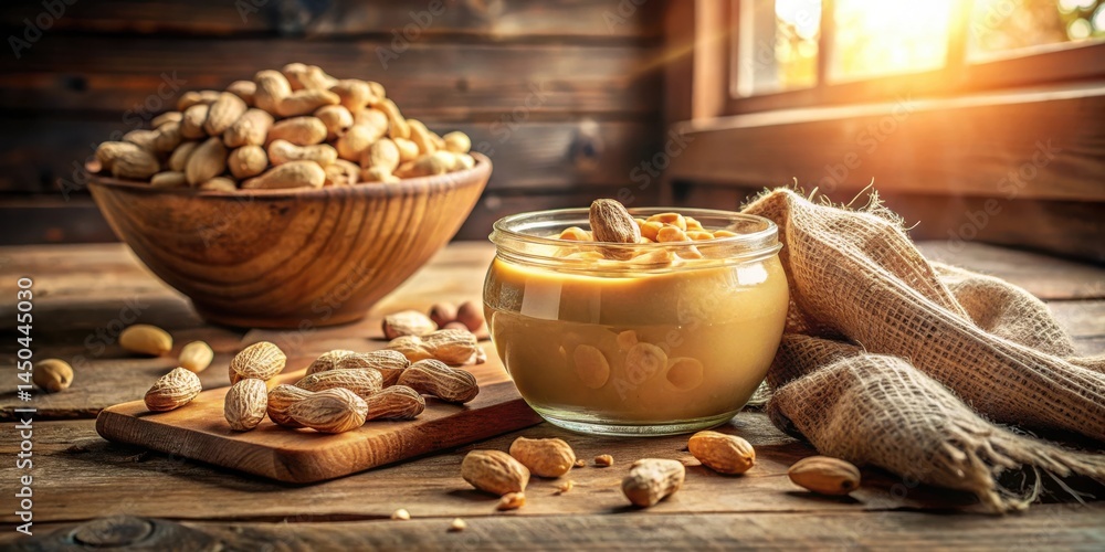 A jar of smooth peanut butter surrounded by peanuts and burlap on a rustic wooden table with warm light streaming through a window A jar of smooth peanut butter surrounded by peanuts and burlap on a rustic wooden table with warm light streaming through a window
