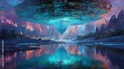 Massive inverted glowing city structure floats above alien valley of luminous water and cliffs