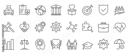 Business and social policy editable stroke outline icons set isolated on white background flat vector illustration.