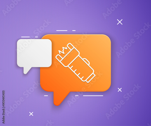 White Police electric shocker icon isolated on purple background. Shocker for protection. Taser is an electric weapon. Orange speech bubble symbol. Vector