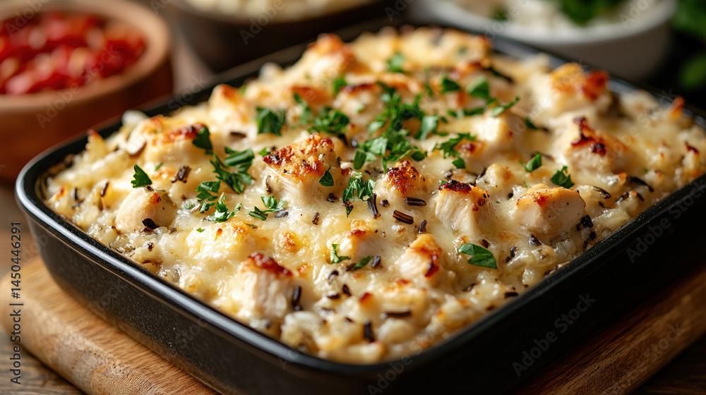 A baked casserole with chicken, rice, and a creamy sauce, topped with parsley A baked casserole with chicken, rice, and a creamy sauce, topped with parsley