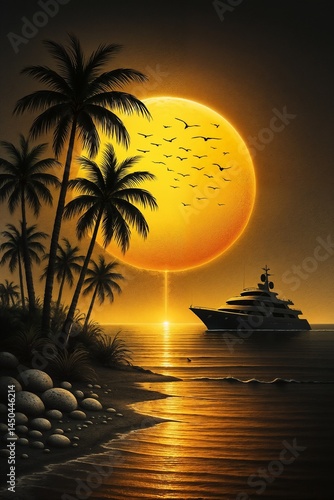 Tropical sunset with yacht and palm trees by the shore  