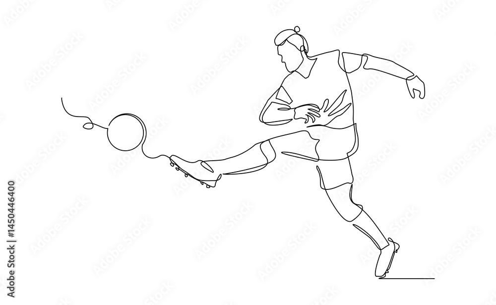 Continuous line drawing of football player kicking ball. Single one line art of young man soccer player dribbling and juggling ball. Editable stroke vector illustration Continuous line drawing of football player kicking ball. Single one line art of young man soccer player dribbling and juggling ball. Editable stroke vector illustration