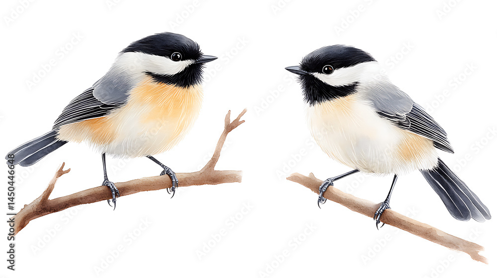 tit bird, beautiful watercolor songbirds black capped chickadees with fluffy feathers isolated on background, clipart tit bird, beautiful watercolor songbirds black capped chickadees with fluffy feathers isolated on background, clipart