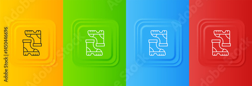 White Waterproof rubber boot icon isolated on colorful background. Gumboots for rainy weather, fishing, gardening. Set icons in square buttons. Vector