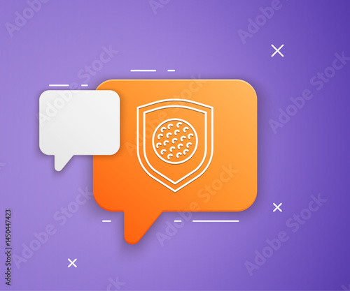 White Golf ball with shield icon isolated on purple background. Orange speech bubble symbol. Vector