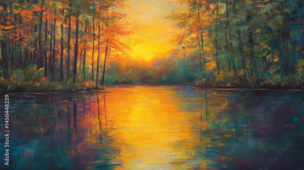 Obraz premium Autumn Sunset Over Still Water Reflections Forest Trees