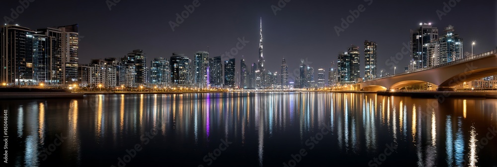 Obraz premium Dubai skyline at night reflected in water, urban landscape, modern architecture, travel destination, use for travel brochures
