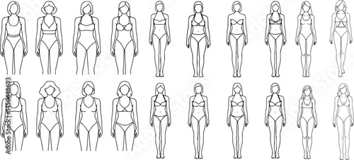 Female Swimsuit Fashion Croquis Vector Set – Outline Drawings of Women Wearing Various Swimwear Styles – Face-Free Body Templates on transparent Background