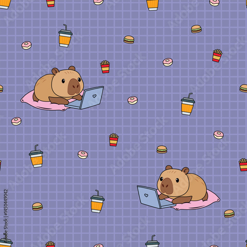 Seamless funny capybara lying on a pillow with laptop, and fast food