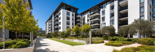 Modern apartment complex with landscaped courtyard; use for real estate, architecture, or urban design
