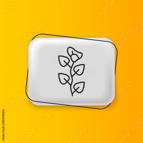Black Ivy branch icon isolated on yellow background. Branch with leaves. Silver rectangle button. Vector