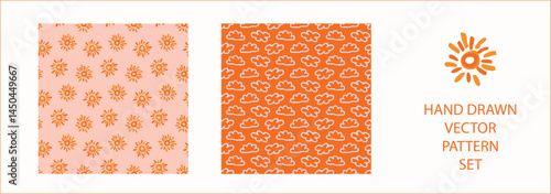 Vibrant fall cloud sunshine seamless nursery pattern set. Naive illustration of summer sky in hand drawn playful style for childrens nursery backdrops, wallpaper. 