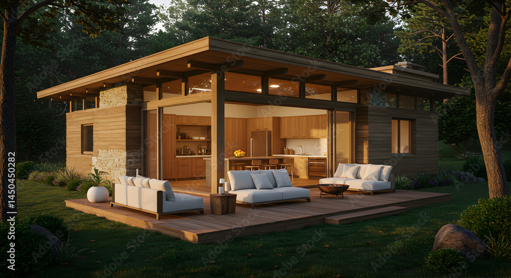 Fototapeta premium Modern Home Design Blending With Nature Featuring Outdoor Seating Area And Kitchen