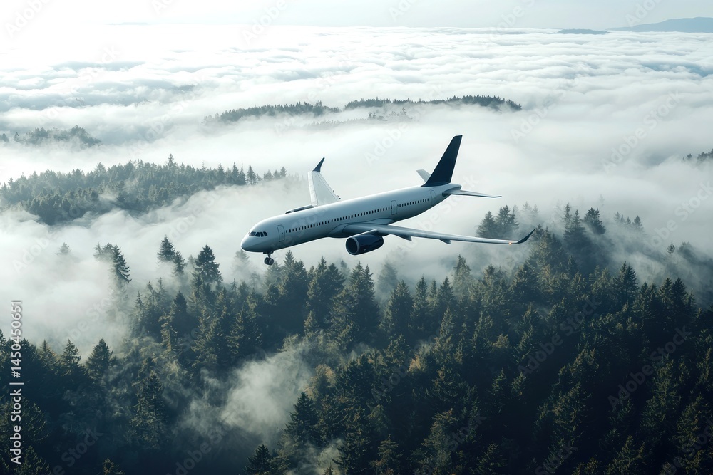 Fototapeta premium Airplane flying above a misty forest landscape.