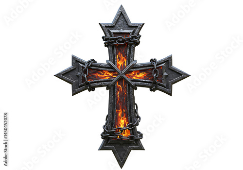 Darkened metallic cross emitting fiery light, enveloped in rustic chains