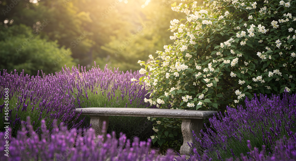 Obraz premium Lavender Field And White Flowers With Stone Bench At Dawn