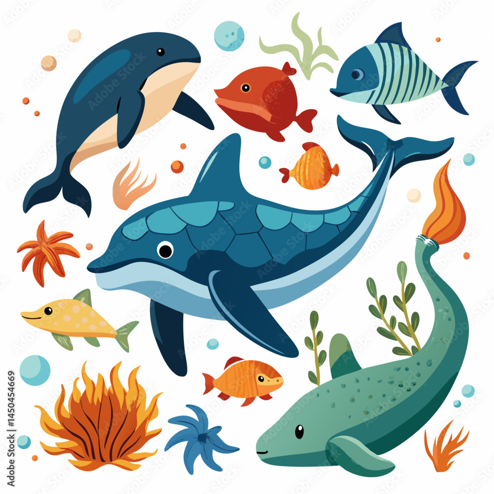 Cartoon vector set of sea fish and marine animals illustration Cartoon vector set of sea fish and marine animals illustration
