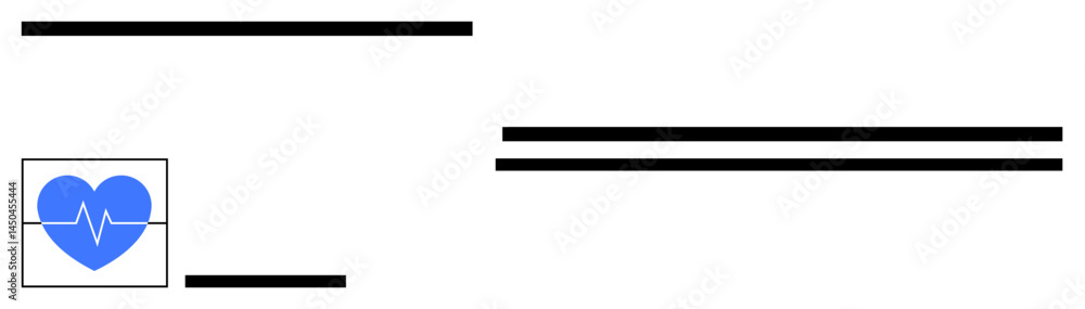 Blue heart with white ECG line in a square, positioned beside thick and thin black horizontal bars. Ideal for health, fitness, healthcare, data analysis, medical reports, minimalism, simple landing Blue heart with white ECG line in a square, positioned beside thick and thin black horizontal bars. Ideal for health, fitness, healthcare, data analysis, medical reports, minimalism, simple landing