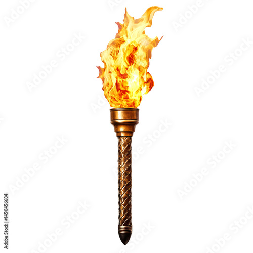 Burning torch with bright flames, symbolizing enlightenment, illumination, and guidance. The flickering fire suggests energy and passion