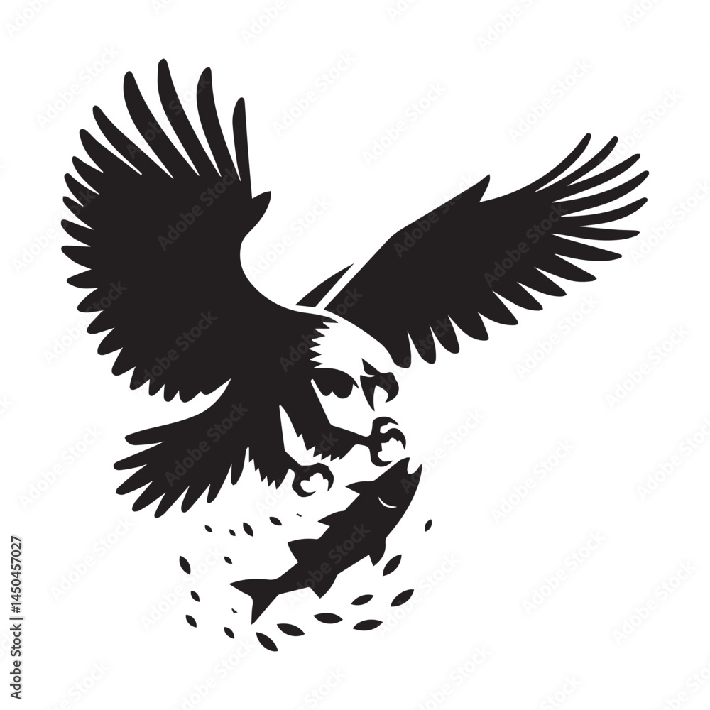 Fototapeta premium Flying Eagle with Wings Spread in Inked Silhouette Style