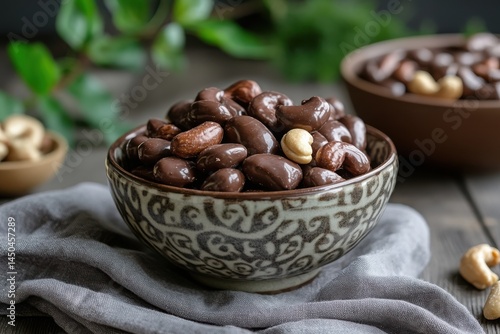 Chocolate covered nuts in bowl on a white background