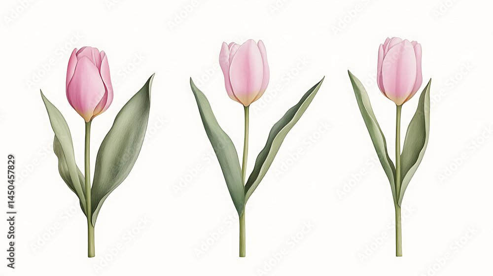 custom made wallpaper toronto digitalWatercolor tulips set, floral botanical illustration, hand-painted pink tulip flowers with green leaves white background