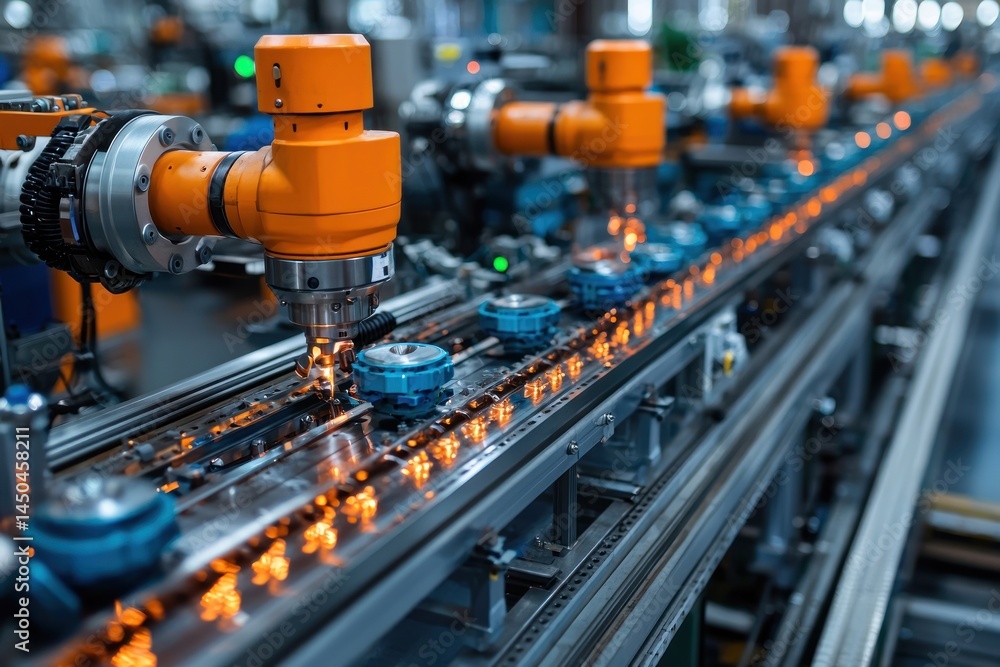 Automated robotic assembly line manufacturing small parts. Automated robotic assembly line manufacturing small parts.