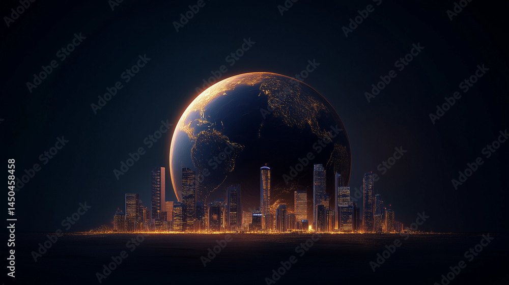 Obraz premium Global economic trends impacting trade and politics in urban landscapes at night