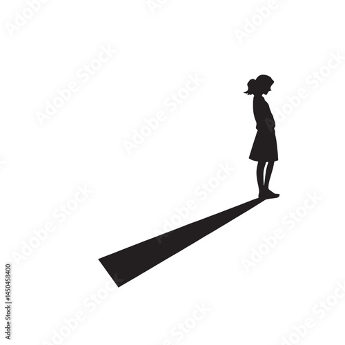 The Girl and Her Shadow, painted in black and white, shows a young woman standing alone, her face turned to one side and looking down, her expression suggestive of thought or sadness, 



