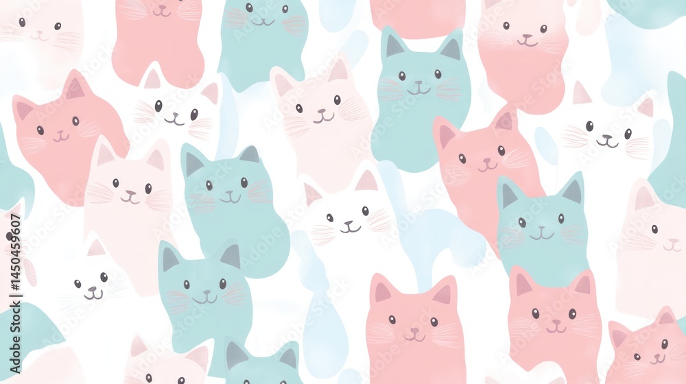 Delicate pastel-colored cat faces pattern design. Delicate pastel-colored cat faces pattern design.