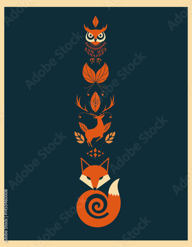 Mystical Forest Totem: A captivating illustration of a totem pole, intricately adorned with symbols of the forest, including an owl, deer, and fox. It celebrates the magic and natural wonder.