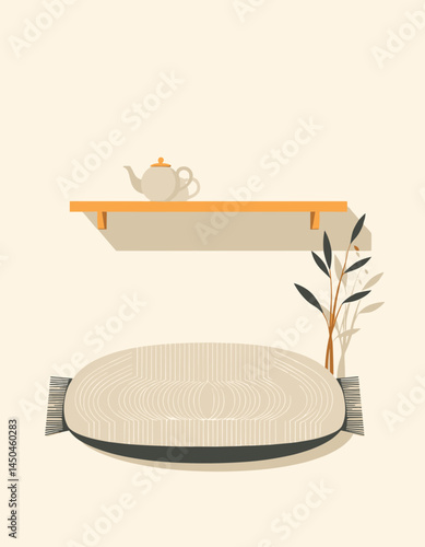 Zen Garden: An abstract illustration of a meticulously raked gravel bed, a symbol of tranquility and mindfulness, complemented by a minimalist shelf with a teapot and a sprig of bamboo.