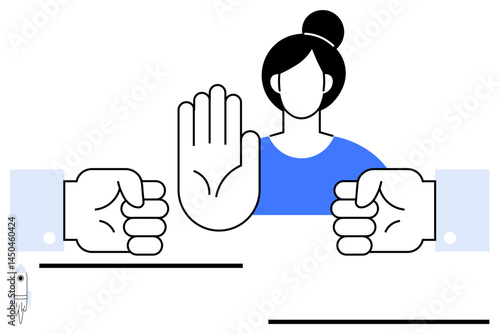 Woman raises hand to stop dispute as two fists confront each other. Ideal for conflict resolution, negotiation, teamwork, equality, respect, empowerment, and peace. Flat simple metaphor