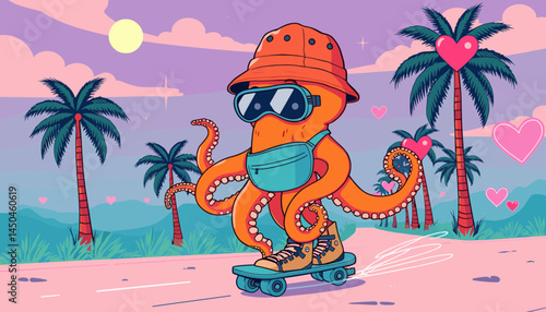 Cool Octopus Skateboarding at the Beach:  An animated octopus, clad in a bucket hat, sunglasses, and crossbody bag, cruises along a vibrant pink road.