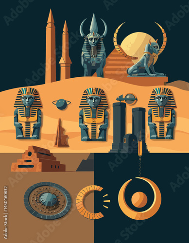 Ancient Egypt Treasures: A vibrant illustration showcases iconic symbols of Ancient Egypt against a desert backdrop, offering a glimpse into the rich history and culture.